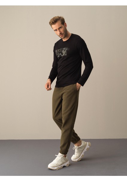 Erkek Siyah Slim Fit Baskılı Modal Tişört