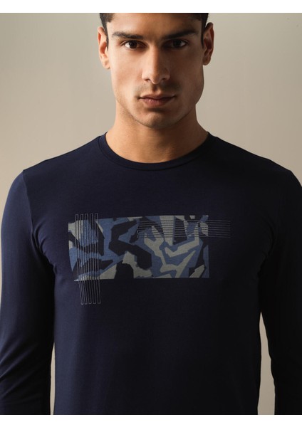 Erkek Lacivert Slim Fit Baskılı Modal Tişört