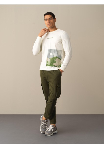 Erkek Ekru %100 Pamuk Baskılı Tişört