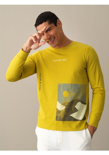 Erkek Sarı %100 Pamuk Baskılı Tişört