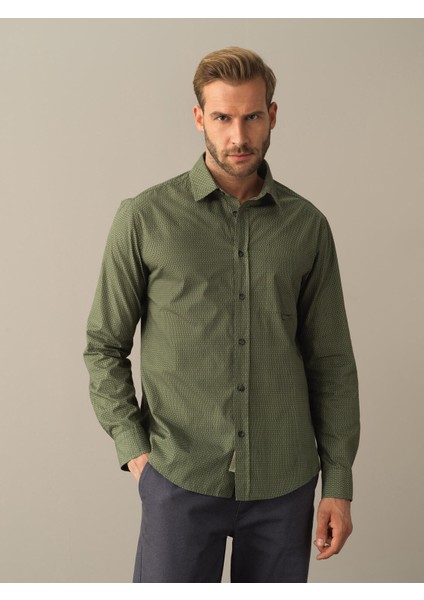 Erkek Haki Regular Fit Desenli Gömlek