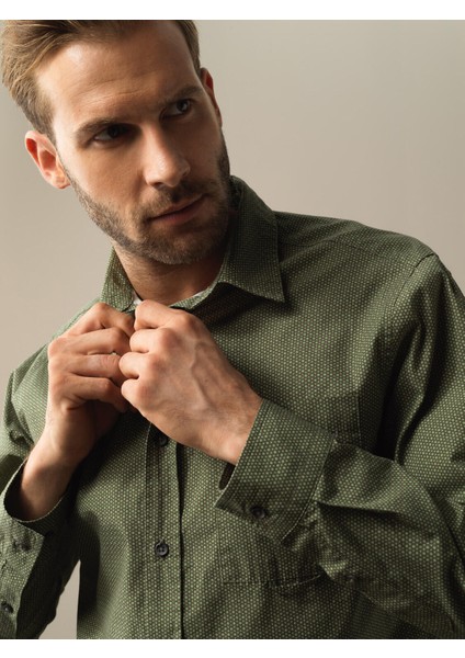 Erkek Haki Regular Fit Desenli Gömlek modelleri