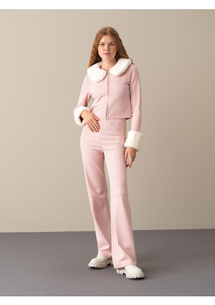 Kadın Pembe Pamuklu Regular Fit Ekose Ceket