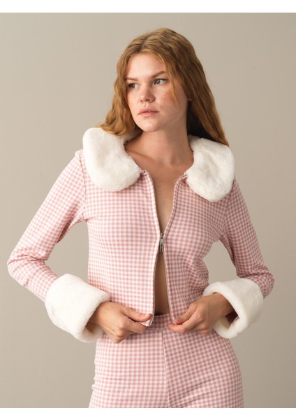 Kadın Pembe Pamuklu Regular Fit Ekose Ceket fiyatları