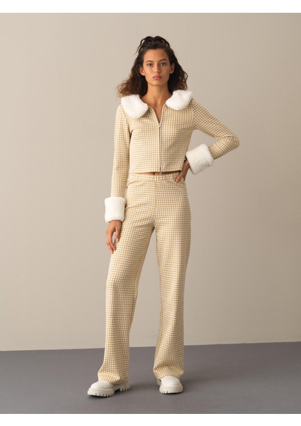 Kadın Sarı Pamuklu Regular Fit Ekose Ceket
