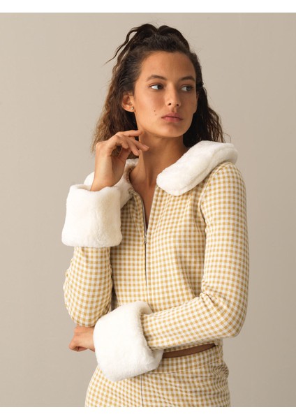 Kadın Sarı Pamuklu Regular Fit Ekose Ceket fiyatları