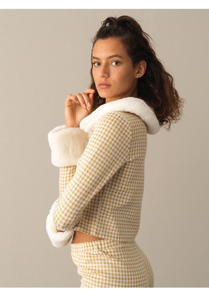 Kadın Sarı Pamuklu Regular Fit Ekose Ceket modelleri