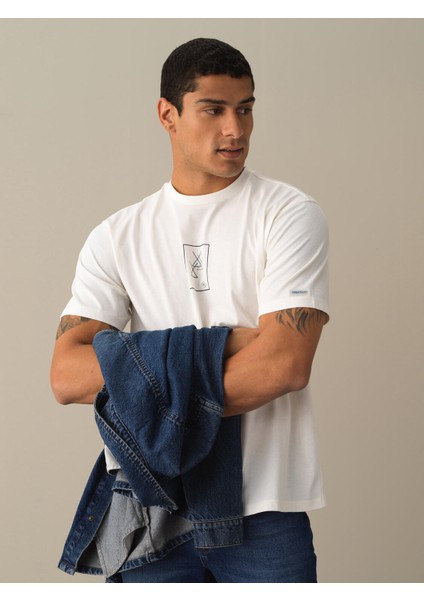 Erkek Beyaz Oversize Baskılı Tişört