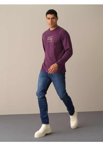 Erkek Mor Oversize Baskılı Tişört