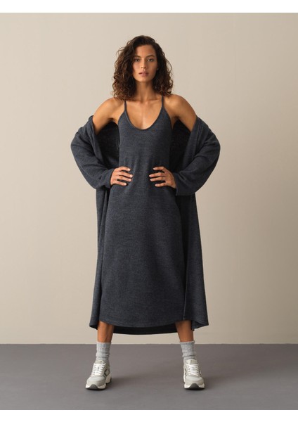 Kadın Antrasit Oversize Uzun Hırka