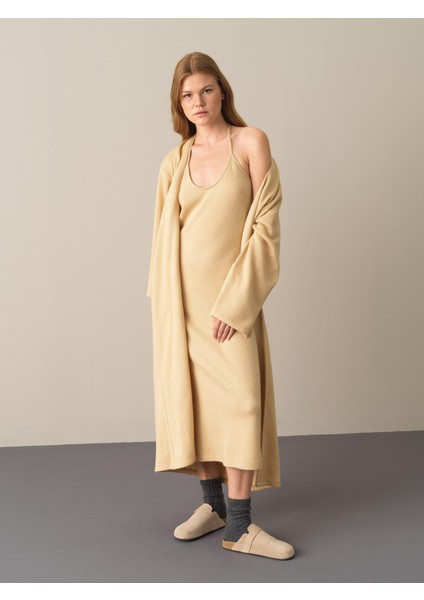 Kadın Bej Oversize Uzun Hırka
