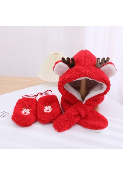 Peluş Noel Eldiven + Şapka + Atkı Seti - Kırmızı (Yurt Dışından)
