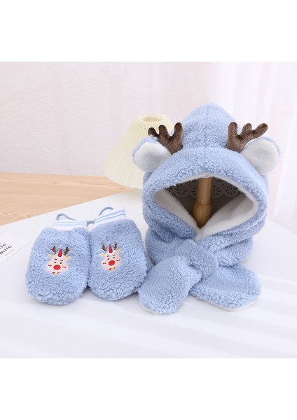 Peluş Noel Eldiven + Şapka + Atkı Seti - Mavi (Yurt Dışından)