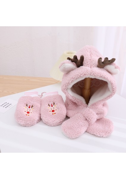 Peluş Noel Eldiven + Şapka + Atkı Seti - Pembe (Yurt Dışından)