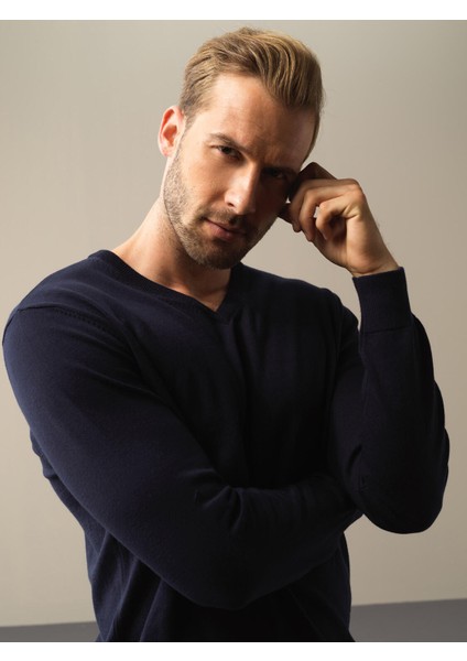 Erkek Lacivert Regular Fit Basic Kazak