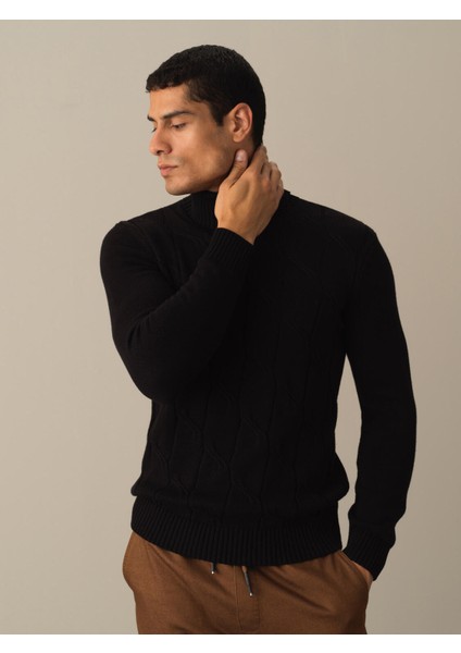 Erkek Siyah Pamuklu Regular Fit Kazak