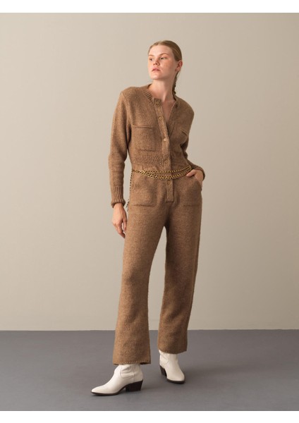 Kadın Camel Regular Fit Cepli Triko Tulum