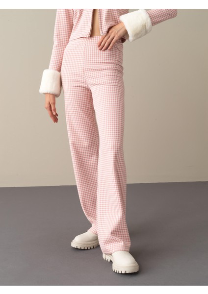Kadın Pembe Regular Fit Ekose Pantolon modelleri