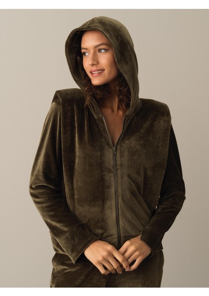 Kadın Haki Regular Fit Kadife Sweatmont modelleri