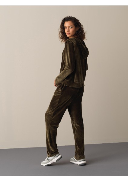Kadın Haki Regular Fit Kadife Sweatmont indirimleri