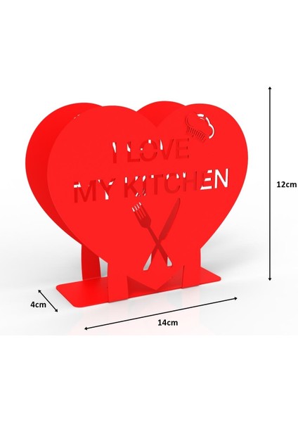 "I LOVE MY KITCHEN" Temalı Metal Peçetelik Kırmızı Kalp Şeklinde fırsatları