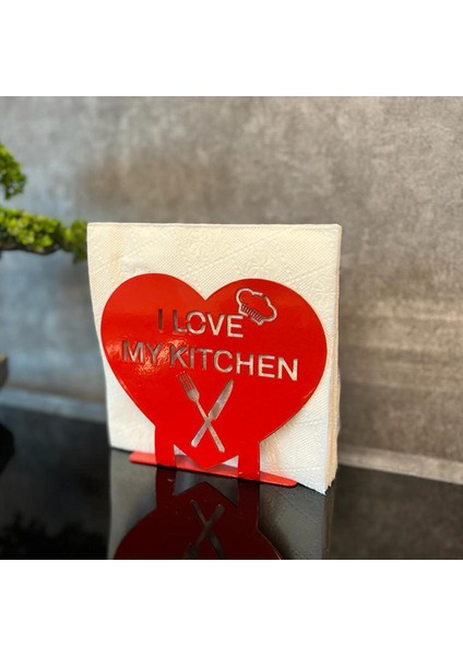 "I LOVE MY KITCHEN" Temalı Metal Peçetelik Kırmızı Kalp Şeklinde indirimleri