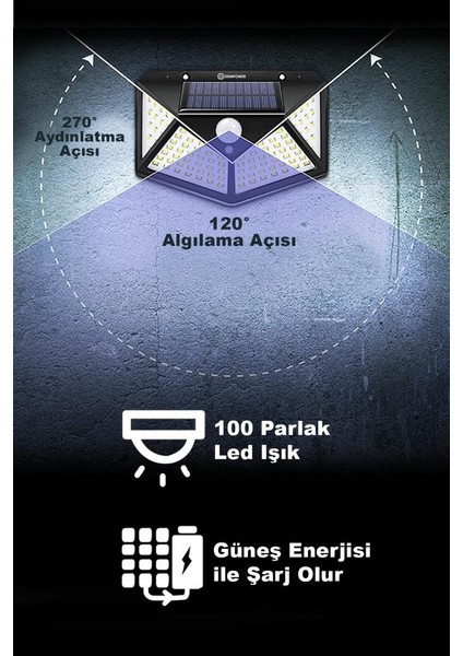 Dp-71 100 Ledli Hareket Sensörlü Güneş Enerjisiyle Çalışan Su Geçirmez Duvar Lambası 2 Adet fırsatları
