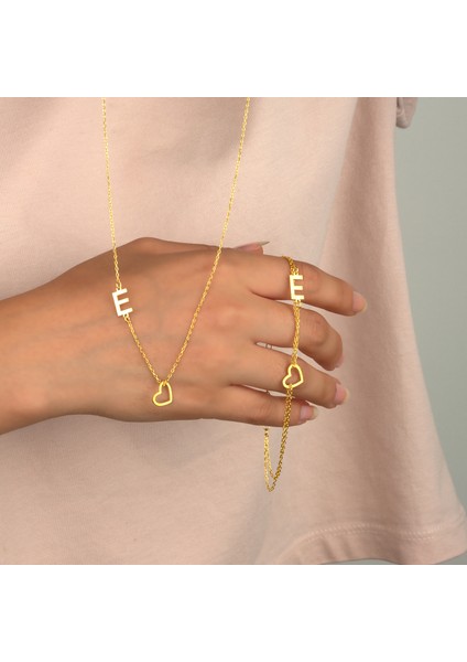 925 Ayar Gümüş Harfli Kalp Kolye Bileklik Set