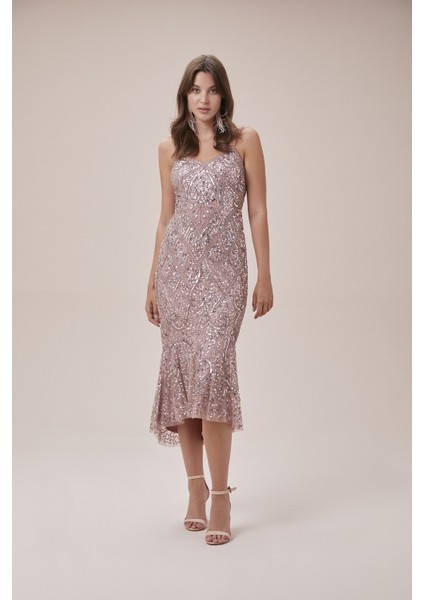 Rose Gold Payet Işlemeli Ince Askılı Midi Boy Elbise