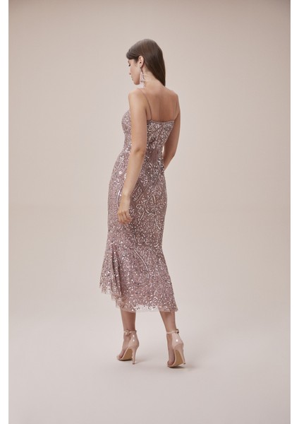 Rose Gold Payet Işlemeli Ince Askılı Midi Boy Elbise fiyatları