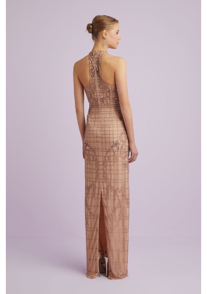 Rose Gold Halter Yaka Payetli Uzun Dar Kesim Abiye fiyatları
