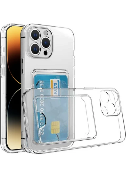 Case World Caseworld Apple iPhone 14 Pro Kapak Kamera Korumalı Kartlıklı Şeffaf Silikon Kılıf