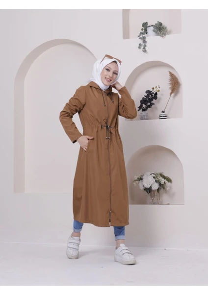 Vibeys Collection Taba Içi Çizgili ve Kendinden Astarlı Su Geçirmez Kadın Trençkot