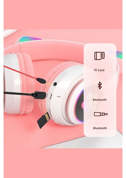 Kedi Kulaklık Işıklı Rgb Pembe Bluetooth Stn Oyuncu Mikrofonlu Cat Wireless Lila