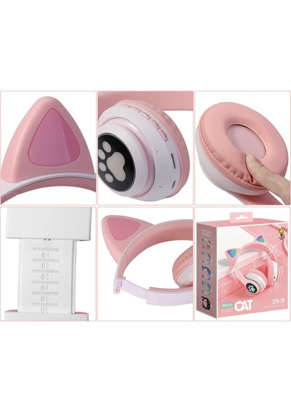 Kedi Kulaklık Işıklı Rgb Pembe Bluetooth Stn Oyuncu Mikrofonlu Cat Wireless Lila