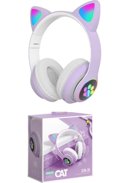 Kedi Kulaklık Işıklı Rgb Pembe Bluetooth Stn Oyuncu Mikrofonlu Cat Wireless Lila