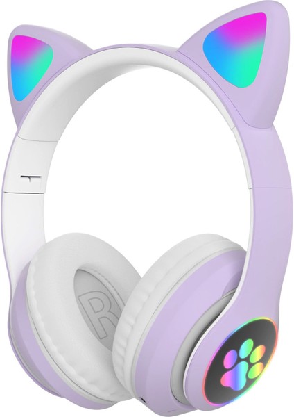 Kedi Kulaklık Işıklı Rgb Pembe Bluetooth Stn Oyuncu Mikrofonlu Cat Wireless Lila