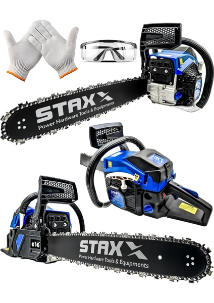 Staxx Power Blue Turbo520 Seri Çift Egzos Ağaç Odun Dal Kesme Makinesi Benzinli Hızar Testere 52CC 3.2 Hp 50 cm