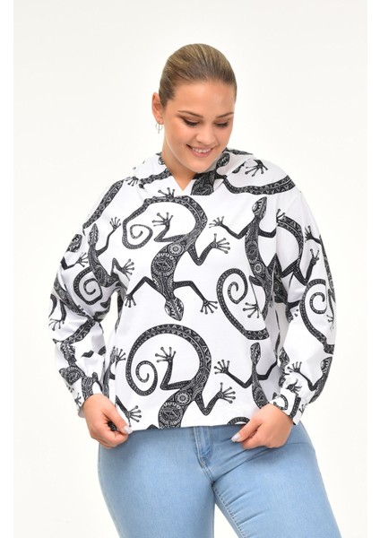 Kertenkele Desenli Sweatshirt-Beyaz