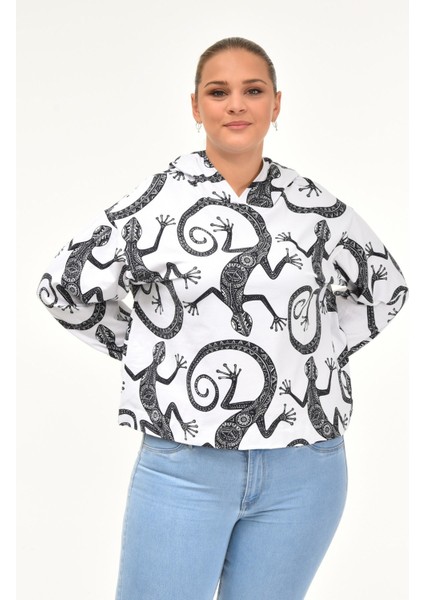 Kertenkele Desenli Sweatshirt-Beyaz