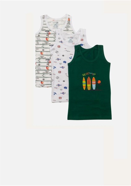 Denizci Tema Baskılı Penye Elastan 3'lü Paket Erkek Çocuk Atlet Set