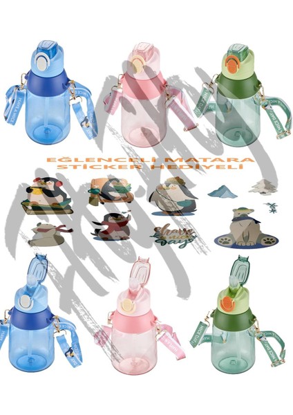 Taşıma Askılı Pipetli 800 ml Çocuk Su Matarası Sticker Hediyeli