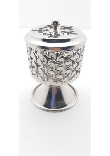 Dekoratif Şık Gümüş Renkte Kapaklı Metal Tütsülük Model 03