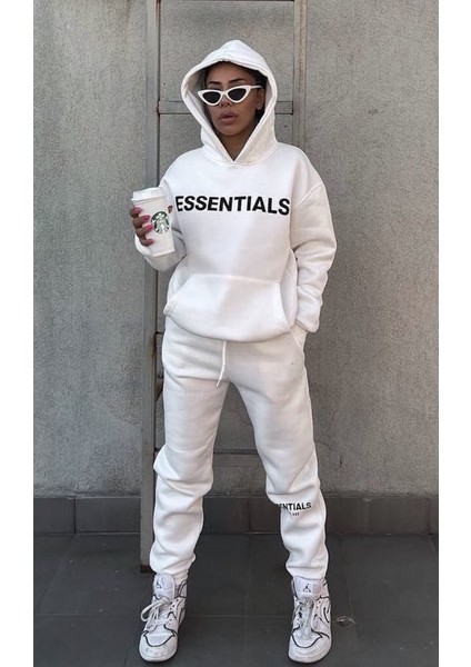 Özel Tasarım Kapüşonlu Essentıal Baskılı Tam Kışlık Oversize Kadın Eşofman Takımı fiyatları
