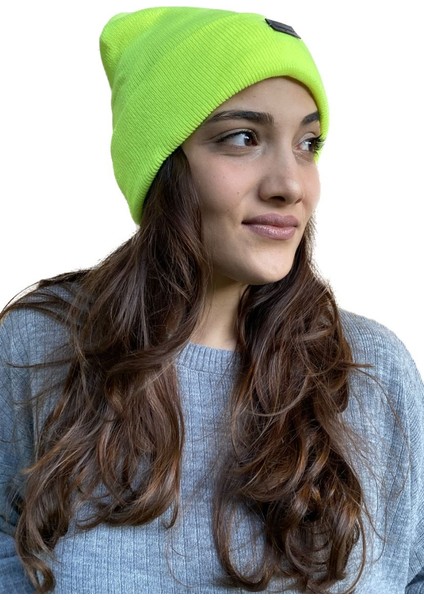 Neon Sarı Basic Kışlık Dokuma Bere Çift Katlı