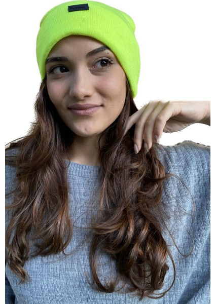 Neon Sarı Basic Kışlık Dokuma Bere Çift Katlı