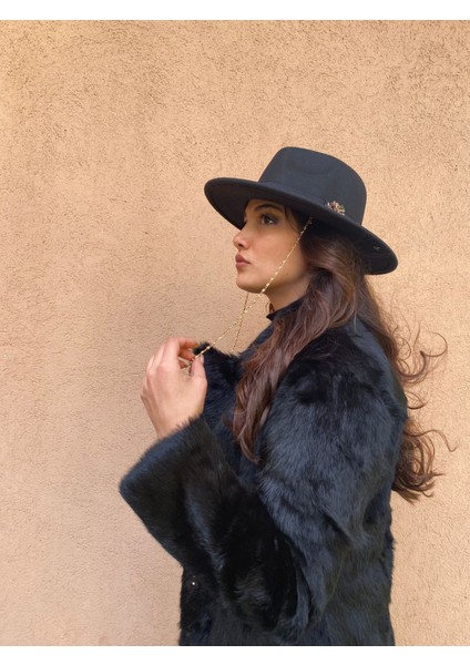 Siyah Zincirli Kovboy Keçe Lüks Şapka