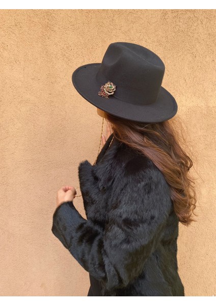 Siyah Zincirli Kovboy Keçe Lüks Şapka fırsatları