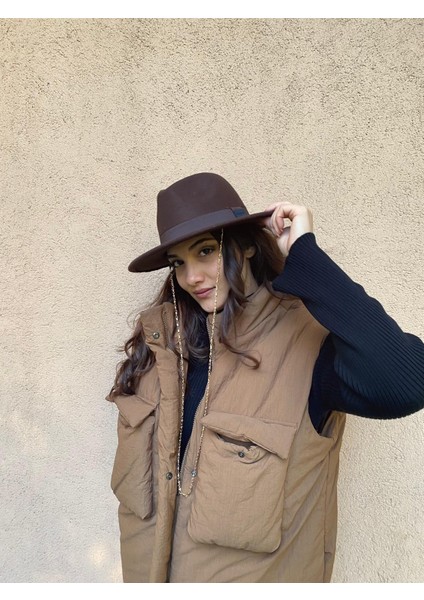 Kahverengi Zincirli Kovboy Keçe Lüks Şapka