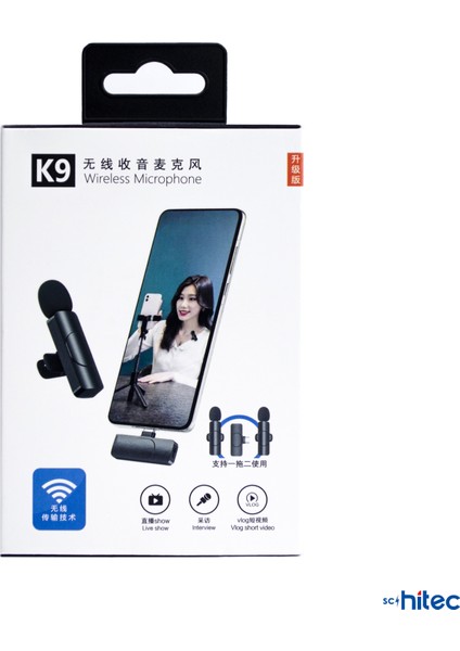 K9 Type-C Çift Kablosuz Wireless Hd Yaka Mikrofonu Siyah